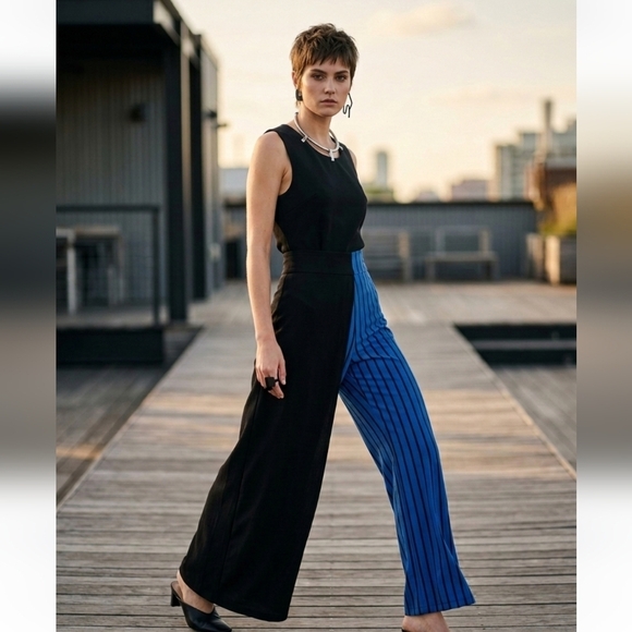 Pants - Black and Blue Striped Halter Jumpsuit Dress -  XS BNWOT